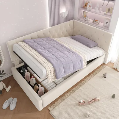 Obrázok produktu pre Merax čalúnená posteľ Daybed 90x200cm s hydraulickým úložným priestorom,  rozkladacia pohovka Daybed s roštom a zamatovým poťahom, detská a mládežnícka posteľ, béžová