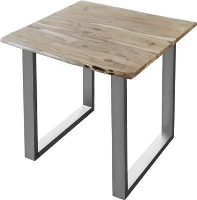 Produktbild von Esstisch 80x80 cm Lubin, Akazienholz naturfarben, Massiver Esszimmertisch mit echter Baumkante, Baumkantentisch mit U-Gestell Silber, Holztisch mit 26 mm Tischplatte