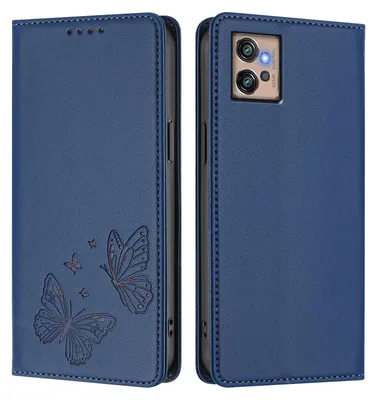 Produktbild von Lederhülle für Motorola Moto G32, Schmetterling Prägung Leder Brieftasche Schutzhülle mit Ständer Dunkelblau