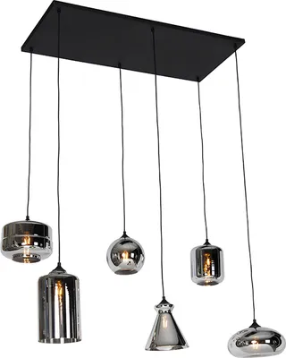 Produktbild von QAZQA - Art Deco Art-Deco-Hängelampe I Pendellampe I Pendelleuchte schwarz mit Rauchglas 6 Lichter - Wallace I Wohnzimmer I Schlafzimmer - Länglich - LED geeignet E27