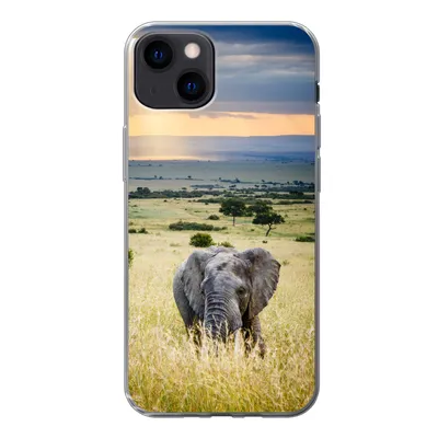 Produktbild von MuchoWow® Handyhülle Schutzhülle Hülle für iPhone 13 Elefant - Tiere - Landschaft - Sonne - Natur Silikon Softcase Handy Hülle - Karteninhaber