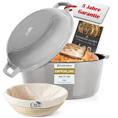 Produktbild von Ottia Gusseisen Topf [inkl. Gärkorb] - Hochwertiger Emaille Topf 26cm - Idealer gusseiserner Brottopf zum Backen, Gusseisentopf Brotbacken, Bräter