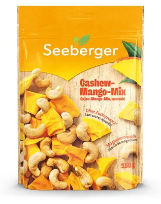 Produktbild von Seeberger Cashew-Mango-Mix, 150 g, Cashewkerne, Mangostücke, Kartoffelstärke, Antioxidationsmittel: Natriummetabisulfit, Vor Wärme und Feuchtigkeit geschützt aufbewahren., Deutschland, Seeberger GmbH, Hans-Lorenser-Straße 36, 89079 Ulm, Deutschland