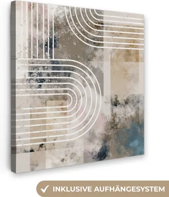 Produktbild von MuchoWow® - Leinwandbilder - Abstrakt - Kunst - Linien - Weiß - Blau - Beige, Wandbild, Wanddeko Bilder Wohnzimmer, 20x20 cm