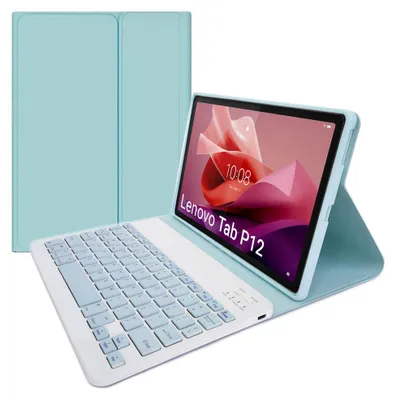 A light blue tablet case with an attached keyboard and a tablet displaying a colorful wallpaper.