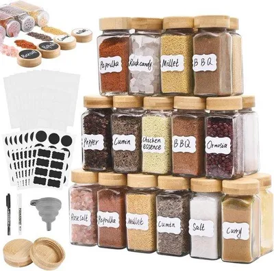 Obrázek produktu pro Sada nádob na bylinky Famanu – 35 kusů, objem 120 ml – bambusové víčka a štítky – dřevěná víčka – dávkovač – trychtýř