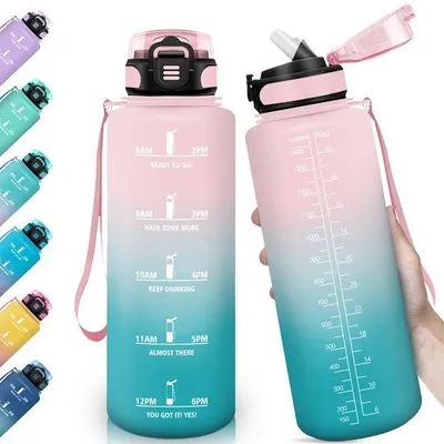 Produktbild von Unyqoos® Trinkflasche 1,5 L mit auslaufsicherem Strohhalm, Zeitmarkierung, lebensmittelechtem Copolyester, Tragegurt, -10°C bis 80°C, sprudelgeeignet