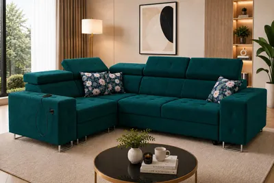 Produktbild von Ecksofa Molly II mit Schlaffunktion und Bettzeugbehältern hat einen beweglichen Einsatz und einen USB-Anschlus, KI-generiertes Bild