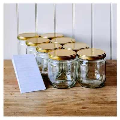 Produktbild von 12 Einmachgläser mit Schraubdeckel 450 ml - Einweckgläser mit Etiketten - Marmeladengläser mit goldenen Deckeln - Schraubgläser - Einmachglas - 12 Stück