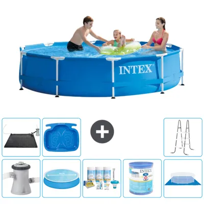 Produktbild von Intex Rundrahmen-Schwimmbecken – 305 x 76 cm – Blau – inklusive Pumpe Sonnensegel - Wartungspaket - Filter - Bodenplane - Solarmatte - Leiter