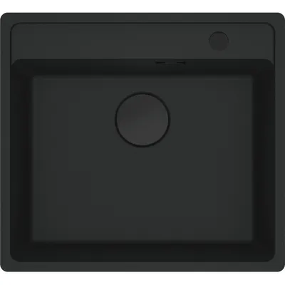 A top-down view of a black kitchen sink.