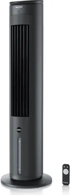 A black tower fan with a water level indicator and a remote control.