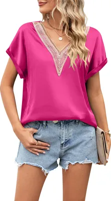 Produktbild von ASKSA Damen T-Shirt Sommer Satin Spitze V-Ausschnitt Oberteile Elegant Casual Bluse Tops, Rosarot, Groesse: L