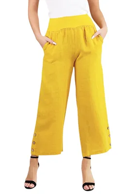 Produktbild von 319 Mississhop Damen Leinenhose lockere Freizeithose 7 / 8 lange Hose mit drei Knöpfe 100% Leinen Gelb