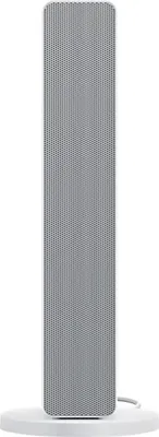 A white electric heater with a gray perforated front panel is shown standing on a white circular base.