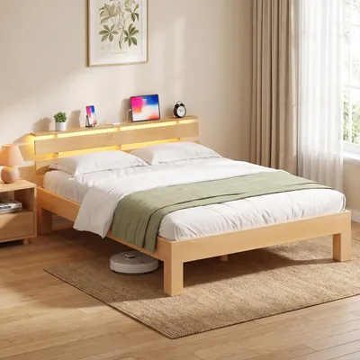 Produktbild von VASAGLE Bettgestell 140 x 200 cm aus Massivholz Buche, Kopfteil mit LED und USB, ohne Lattenrost, Naturfarben