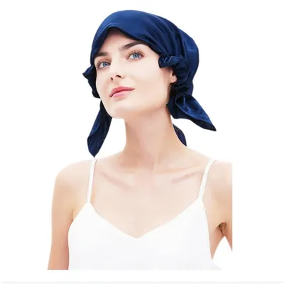 Image de INF Bonnet de nuit en soie fin - Bonnet de sommeil en soie doux et respirant avec bande élastique pour protection des cheveux et chaleur Bleu marine