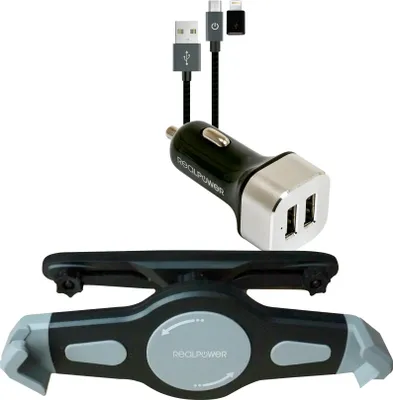 Produktbild von RealPower Tablet Car Set Zubehoer-Set fuer Tablets, Tablet/UMPC, Aktive Halterung, Auto, Schwarz, Silber