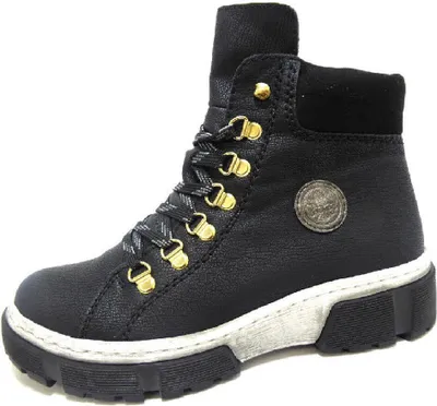 A black lace-up boot with gold eyelets and a white and black sole, shown against a white background.