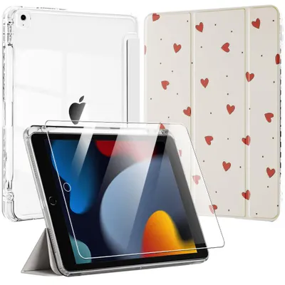 Image de Coque + Verre Trempé pour iPad 10,2 Pouces (2019/2020/2021) Protection Antichoc avec Support - Motif Cœur