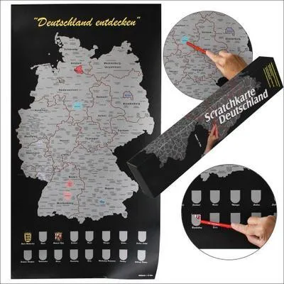 Obrázek produktu pro Stírací mapa Německa: Stírací mapa Německa. Jednoduše si vyškrábejte místa, kde jste již byli, velmi pěkná také jako turistická mapa, skvělý dárek.