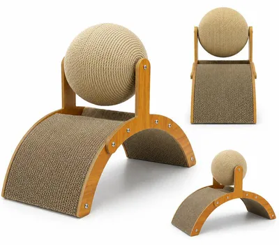 Produktbild von 2-in-1 Kaninchen Kratzspielzeug, Sisalball 360° & Kratzpappe, Holzbrücke – Natur Kratzbrett & Nagespielzeug für Kaninchen, Frettchen & Chinchillas