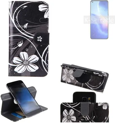 Produktbild von K-S-Trade Schutzhülle Handyhülle kompatibel mit Oppo Find X3 Lite Hülle 360° Wallet Case ''Flowers'' Klapphülle Hülle schwarz-weiß 1x