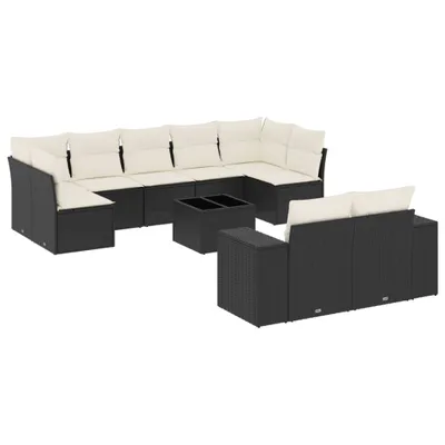 Produktbild von Gartenmöbel-Set 10-tlg., modulare Sofagarnitur mit Glastisch, UV-beständiges Poly Rattan Schwarz, Cremeweiße Kissen mit waschbaren Bezügen
