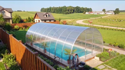 Produktbild von Poolabdeckung von Garten Dream. 5x10m mit 4mm polycarbonate Ganzjährige Nutzung. Schnee- und winddicht. Türen auf jeder Seite. Rostschutz.