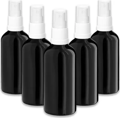 Produktbild von 5x Glasflasche schwarz 100 ml mit weißem Zerstäuber & Kappe Kosmetikflasche
