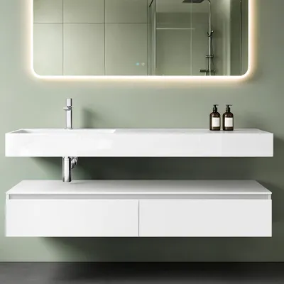 Produktbild von Mai & Mai Badmöbelset 150x48x25cm Unterschrank Weiß matt mit Soft-Close Schubladen inkl. Mineralguss-Waschbecken links in matt Weiß