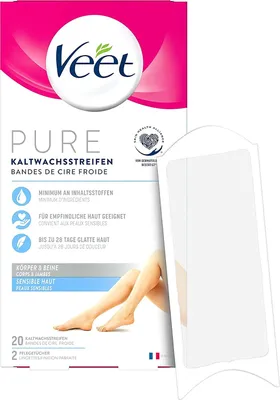 Immagine prodotto di Veet Pure Strisce di cera fredda per corpo, braccia e gambe - Depilazione per pelli sensibili - Pelle liscia fino a 28 giorni - 20 strisce di cera fredda