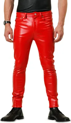 Obrázek produktu pro Bockle® F-Skinny Červené kožené kalhoty Kožené džíny Tube Pants Skinny Slim Fit Pánské červené kalhoty z umělé kůže, W29/L30