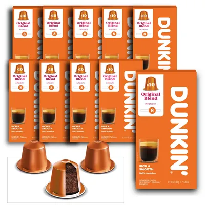 Obrázok produktu pre Dunkin' Donuts Original Blend 100 kávových kapsúl | Kompatibilné s kávovarmi na kapsule Nespresso®*³ | 100 % kávové zrná Arabica | Stredne silné praženie