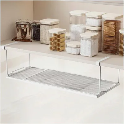 Produktbild von Ausziehbarer Aufbewahrungskorb unter dem Regal, hängendes Unterschrankregal, verstellbarer Metallgitter-Organizer für Küche, Büro, Speisekammer (weiß)