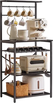 Imagen del producto de Estantería para cocina, estante para panadería, soporte para microondas con estantes de almacenamiento, estación industrial para cafeterías, con soportes ajustables para botellas de vino y ganchos en forma de S