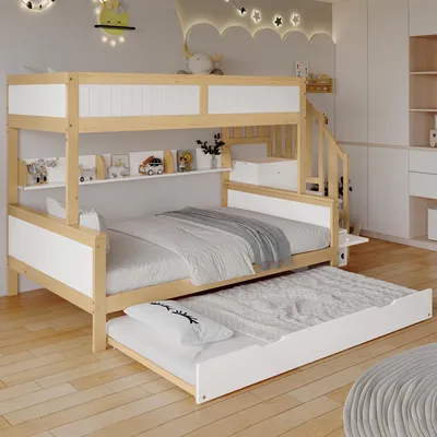 Produktbild von STILVORA Etagenbett 90/120x200cm mit Rollbett 90x190, Kinderbett mit Fallschutz und Gitter, Entworfen mit drei Bettpositionen, mit Kleiderschrank Ecktreppe