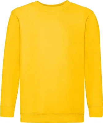 A plain yellow sweatshirt is shown against a white background.
