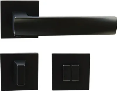 A black door handle set, including a lever handle and two escutcheons, is displayed against a white background.