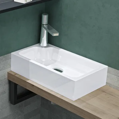 Produktbild von Mai & Mai Waschbecken Gäste WC Aufsatzwaschbecken mit Hahnloch 46x26x11cm Mineralguss Eckig Klein Waschschale Weiß Waschplatz Col101
