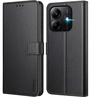 Immagine prodotto di Custodia a libro per Xiaomi Redmi Note 14 5G, in pelle, colore nero, con scomparti per carte e funzione stand