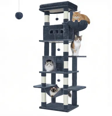 Image de Arbre à chat - Grand arbre à grimper pour grands chats - 210 cm de haut - 3 niveaux avec 2 niches - 8 poteaux à griffer en chanvre - Plateformes et hamac - gris