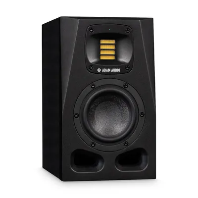 A studio shot of a black studio monitor speaker.