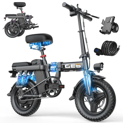 Zdjęcie produktu dla Składany rower elektryczny GE5, 14‑calowe bezdętkowe szerokie opony, moc 250 W, maks. prędkość 25 km/h, napięcie 48V, do jazdy miejskiej, 55 N·m