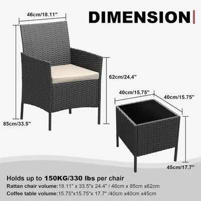 Image de Ensemble de mobilier de jardin - Ensemble lounge pour jardin de 3 pièces - Fauteuils en résine tressée (PE) - Structure métallique - Avec coussins et table en verre - Pour jardin, balcon, terrasse - Noir et beige