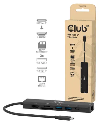 Zdjęcie produktu dla CLUB3D CSV-2553, USB Type-C, HDMI, RJ-45, USB 2.0 Type-A, USB Type-C, MicroSD (TransFlash), SD, 5000 Mbit/s, 60 Hz, 3840 x 2160