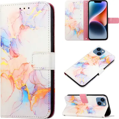 Produktbild von iPhone 14 Hülle, Marmor Motiv Kunstleder Tasche Wallet Kartenfächer mit Standfunktion Klapp Schutzhülle für iPhone 14 Bunt
