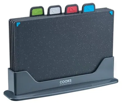 Produktbild von Cooks Professional Index Schneidebrett Set | Vier farbcodierte Kunststoff-Schneidebretter mit Granitoptik & Aufbewahrungsbox | Spülmaschinenfest