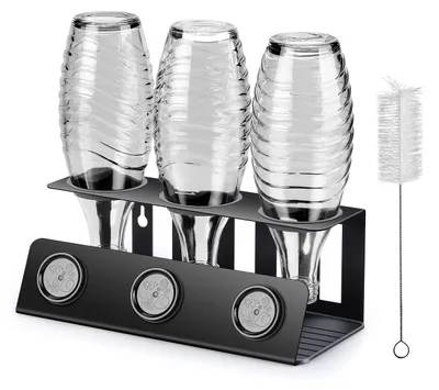 Produktbild von Flaschenhalter für Sodastream, Trockengestell für 3 Flaschen mit abnehmbarer Tropfschale und Deckelhalter, Trockenständer für Sodastream-, Crystal- und Emil-Flaschen, schwarz.