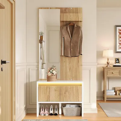 Produktbild von Merax Garderobenset, Garderobe mit Spiegel, Kleiderständer, Schuhbank, 2 Schubladen, Haken, Wandgarderobe, Garderobenständer, Flurmöbel, Natur+Weiß